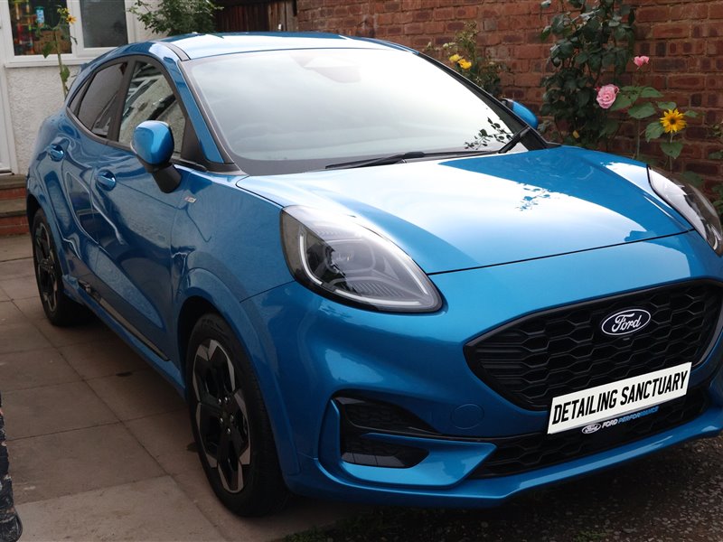 Blue Ford Puma ST after a full mobile detail